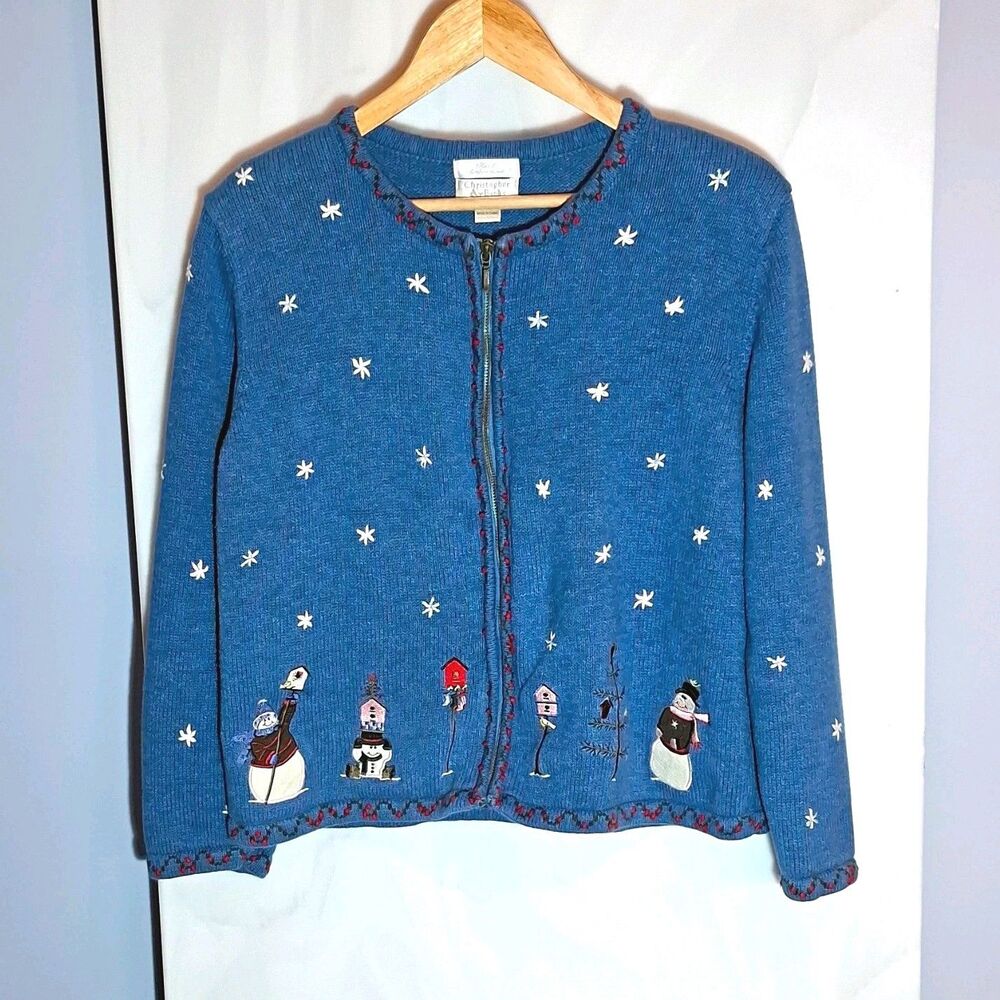 Vtg Christmas Cardigan Sweater XL Blue Snowman Hand Embroidered Zip Grandmacore